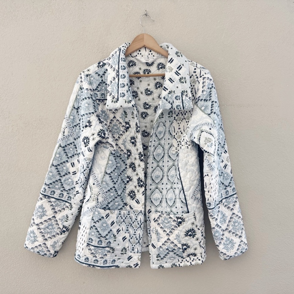 Ida Mae Home Quilted Jacket Large White Blue Patchwork Floral Cottagecore Boho - Picture 4 of 12